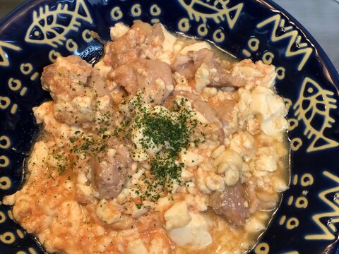 ヘルシー♪鶏肉と崩し豆腐の明太子炒め^_^